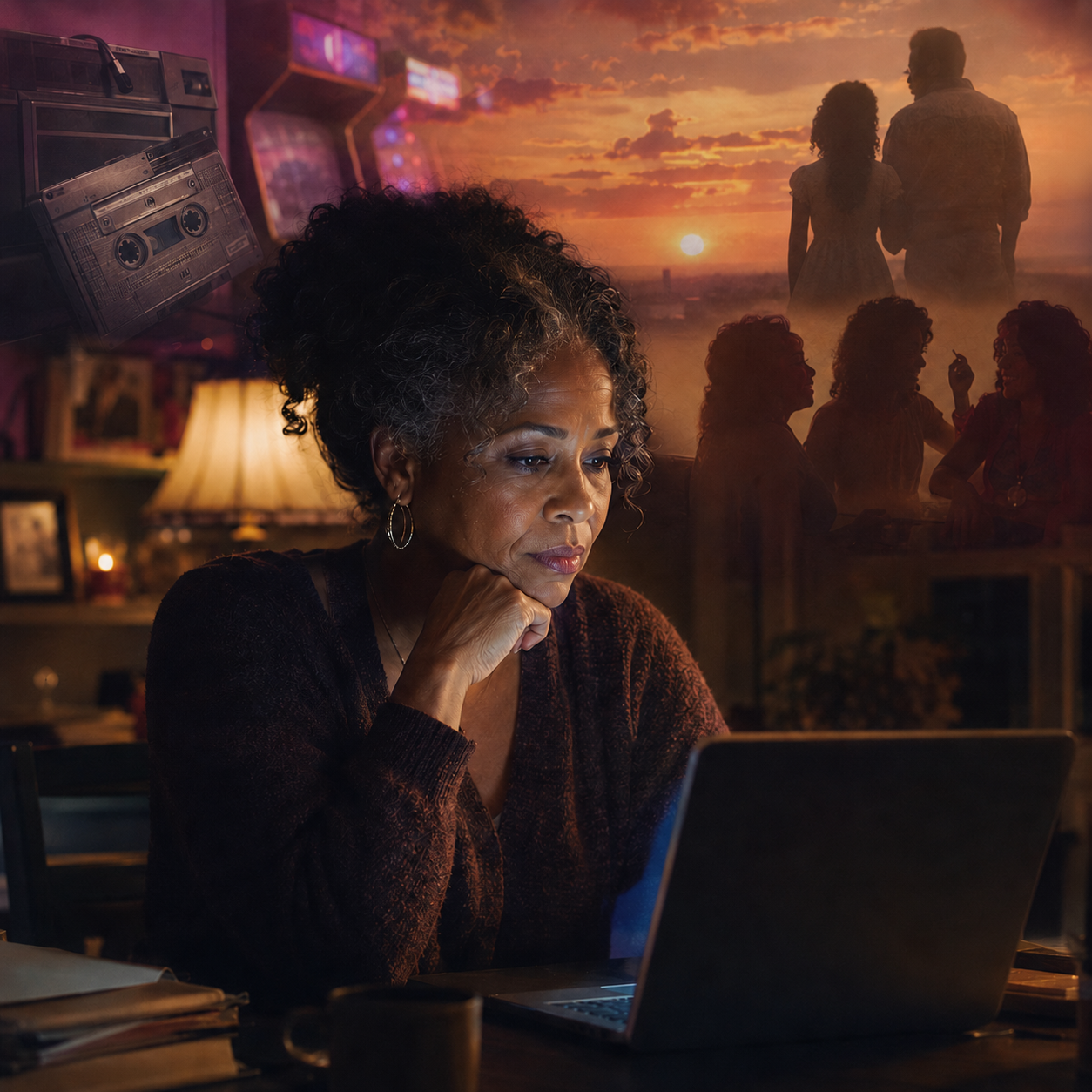 A reflective woman at a computer surrounded by memories of the 1980's, including a father and daughter
