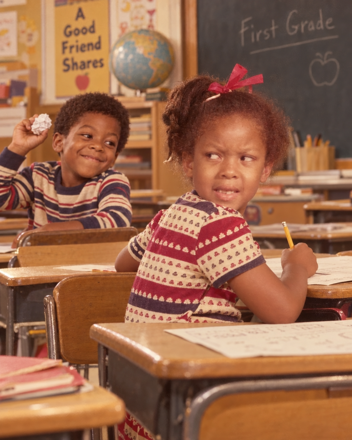 A playful first grade classroom scene with a boy preparing to toss a paper ball toward a girl