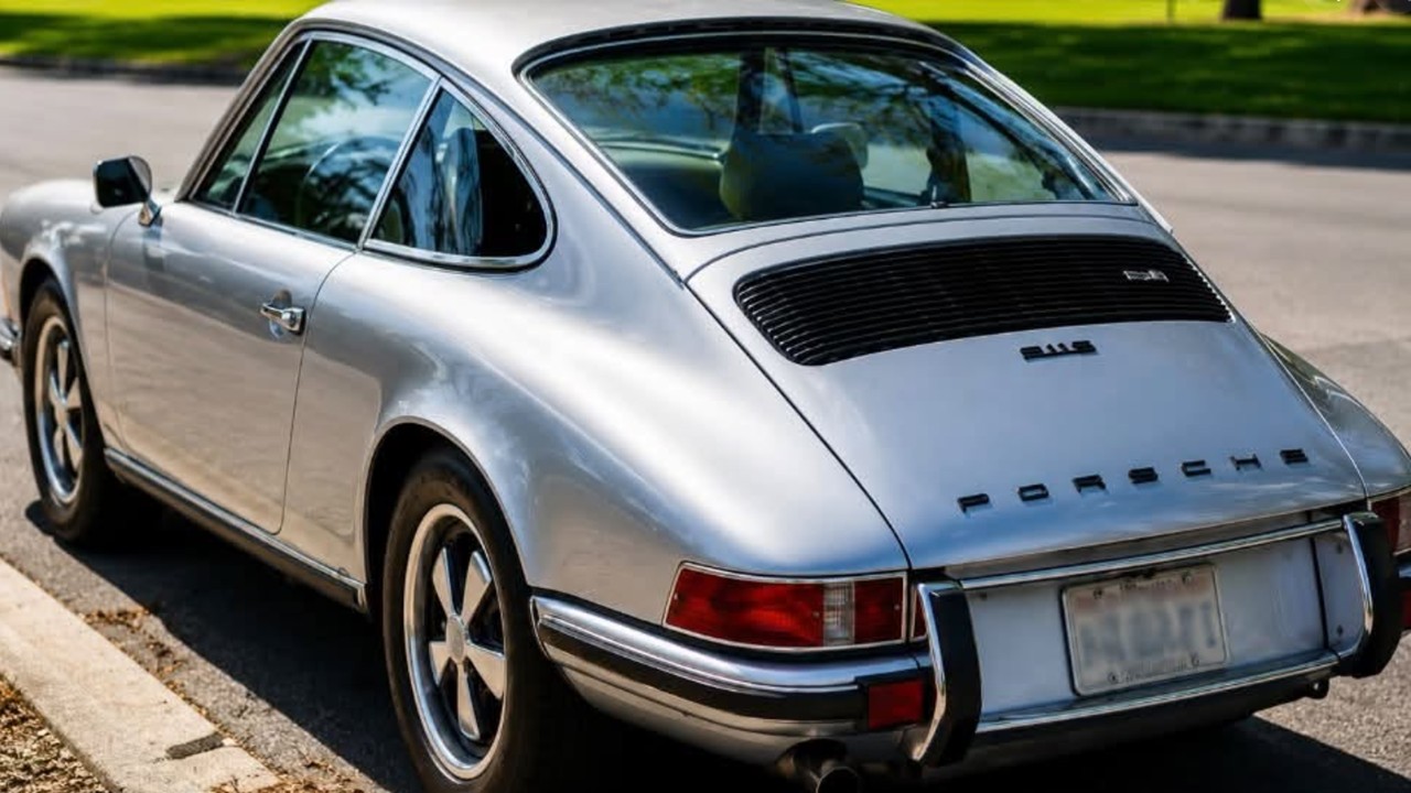 A silver classic Porsche 911 viewed from the rear